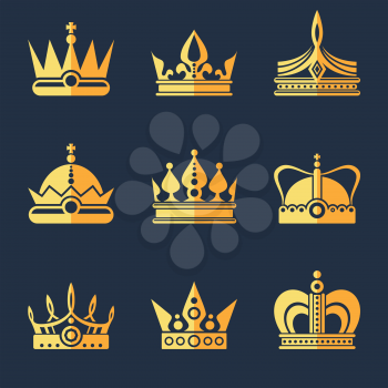 Set of rich golden crowns. Vector flat illustration. Royal luxury crown