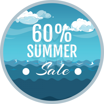 Summer sale promotion sticker. Sea, sky and sample text. Vector illustration concept