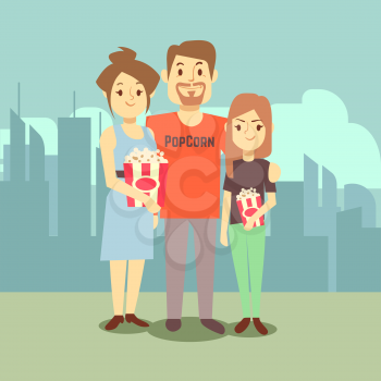 Cartoon happy family with popcorn on city landscape. Vector illustration