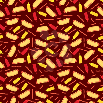 Fast food seamless pattern - hot dog sausage ketchup and mustard seamless texture. Vector illustration