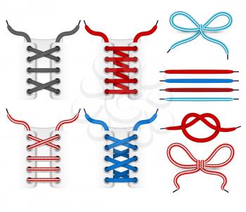 Shoelace tying vector icons. Color shoelace for footwear, colored lace shoe illustration