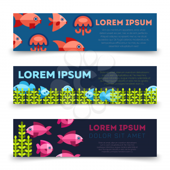 Sealife banners collection - ocean banners with color fishes. Vector illustration