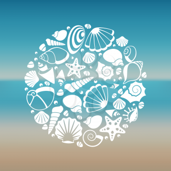 White seashell silhouette round concept. Graphic summer marine, vector illustration