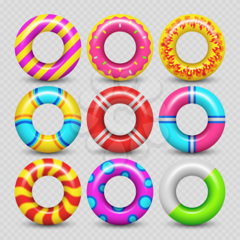 Colorful realistic rubber swimming rings isolated on transparent background. Vector illustration