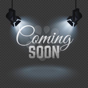 Coming soon concept with spotlights on stage isolated vector illustration