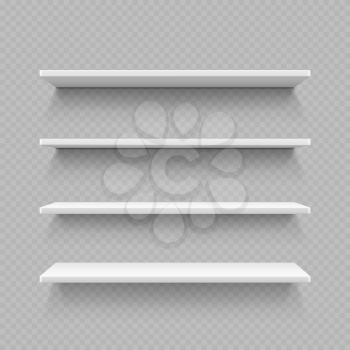 Empty white shop shelf isolated on transparent background. Realistic shelf for interior gallery and shop, vector illustration