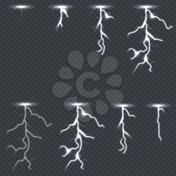 Lighting thunderbolt set isolated on transparent background. Energy spark thunderbolt effect, vector illustration