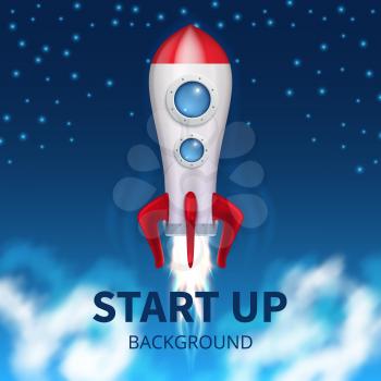 Fired up space rocket, retro booster. Shuttle launch creative startup vector background. Launch rocket ship, start up spaceship and business shuttle illustration