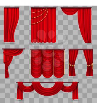 Realistic red velvet stage curtains, scarlet theatre drapery isolated on transparent background. Curtain velvet red color for decoration theater interior. Vector illustration