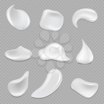 Realistic white cream strokes isolated on transparent background. Cosmetic creamy smear, smooth soapy cream for skincare, vector milk gel or mousse illustration