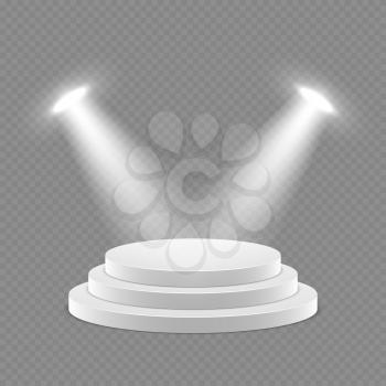 Vector 3d pedestal with spotlights isolated object. Pedestal and podium empty illuminated illustration