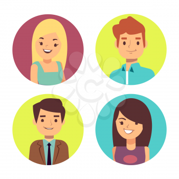 Male and female happy faces avatars for chats or forum. Cartoon avatar boy and girl character. Vector illustration