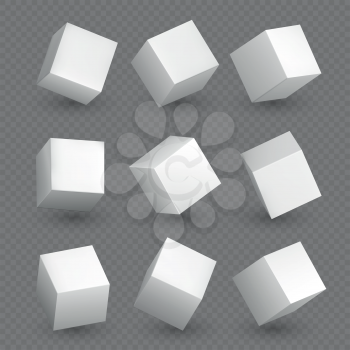 Isolated 3d cubics. White geometric cubes or block box shapes with shadows vector set