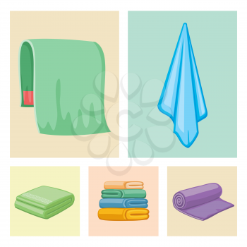 Bathroom color towels icons - colorful towels set. Vector flat illustration