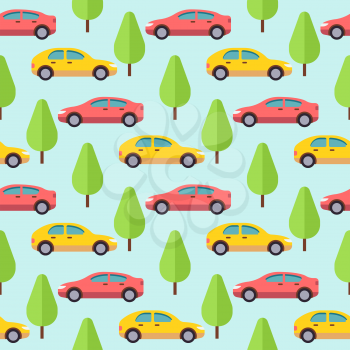 Cars and trees seamless pattern design. Background with transport, vector illustration