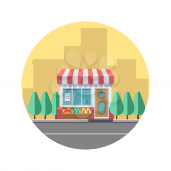 City landscape concept with downtown silhouette and cute road food store. Vector illustration