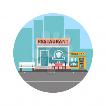 City landscape concept with downtown silhouette and restaurant and bakery colorful front. Vector illustration