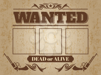 Vintage wanted western poster with blank space for criminal photos - wanted template design. Vector illustration