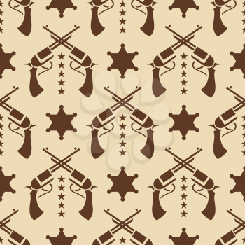 Vintage western seamless pattern with colts and sheriff star. Vector illustration