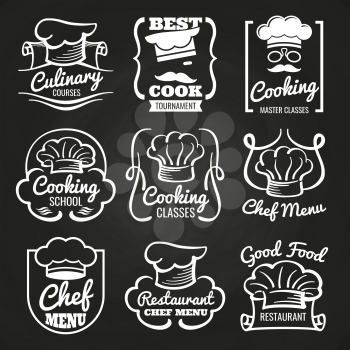 Chef hat emblem - cafe, restaurant or bakery logos on chalkboard. Chef logo emblem for restaurant and cooking school. Vector illustration