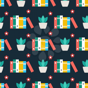 Cute seamless pattern with books plant and flowers. Vector illustration