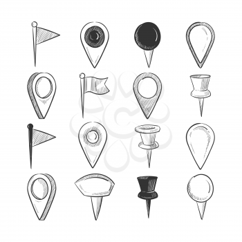 Hand drawn doodle navigation pins set isolated on white background. Vector illustration