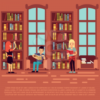 Library interior concept - teenagers and students rading books in library. Education students, bookshelf in university, vector illustration