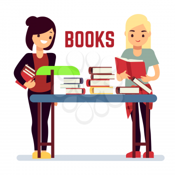 Teenager girl students reading books self education concept. Vector illustration