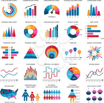 Color finance data chart vector icons. Statistics colorful presentation graphics and diagrams. Chart and diagram data, finance graphic pie and bar illustration