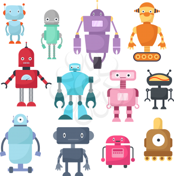 Cute cartoon robots, android and spaceman cyborg isolated vector set. Robot characters illustration