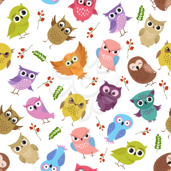 Cute owls vector seamless pattern. Color forest bird animal illustration