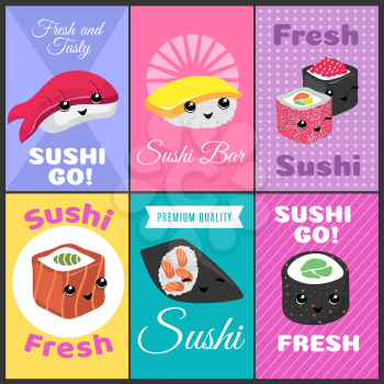 Vintage sushi vector posters in japan comic style. Color banner sushi bar, japanese food menu illustration