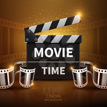 Online movie and television vector background with cinema clapper and film roll. Clapper board for film and cinematography illustration