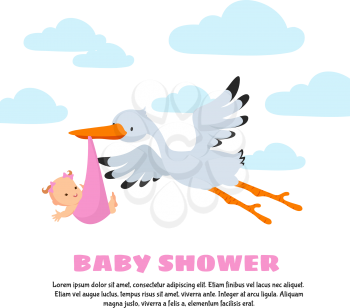 Baby shower vector background with stork carrying infant. Stork and baby, newborn infant illustration