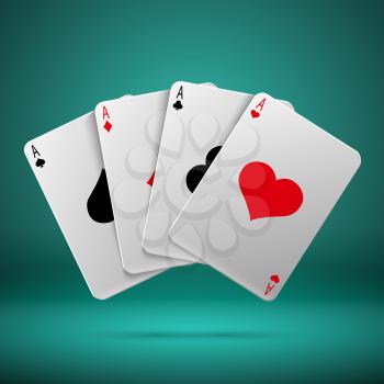Casino gambling poker blackjack vector concept with playing cards with four aces. Combination playing card illustration