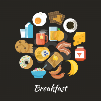 Breakfast vector concept. Fresh and healthy food flat iconce in circle design. Breakfast food fruit and egg, drink orange and coffee illustration