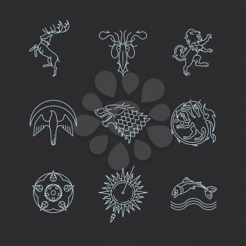 Line heraldic animals gaming thrones symbols. Animal dragon and wild beast mythology. Vector illustration