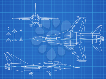 Military jet aircraft drawing vector blueprint design. Aircraft military plan blueprint illustration