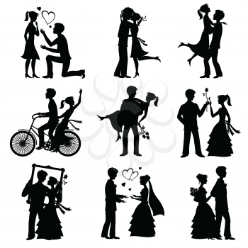 Romantic love couples vector silhouettes for valentines day and wedding card. Couple marriage and romantic love, valentine man and woman illustration