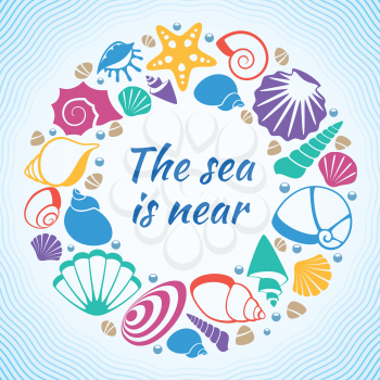 Tropical resort aquatic vector concept with sea shells on beach. Shell and starfish, marine souvenir design illustration