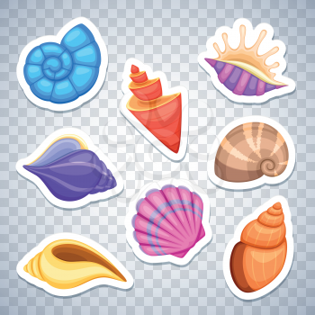 Sea shells stickers vector set. Colored cockleshell sea, illustration of sticker sea shell