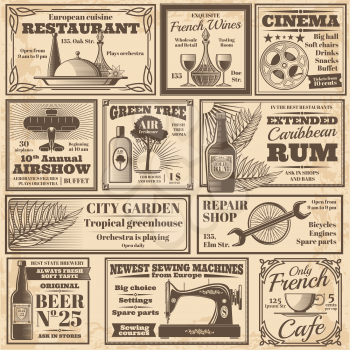 Retro newspaper advertising banners design vector template. Illustration of newspaper poster advertisement, headline cinema and restaurant advertising