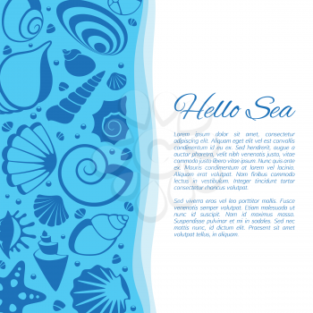 Summer vector background with seashell frame. Seaside holiday card decorated by cockleshells. Summer banner with sea shell decoration illustration