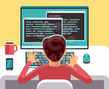 Young man programmer working on computer with code on screen. Student programming vector concept. Man work with computer, programmer professional and character of freelancer on workplace illustration