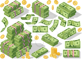 Various money bills dollar cash paper bank notes and gold coins vector set. Money cash heap, pile and stack money illustration