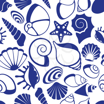 Marine seamless vector pattern with sea shells. Seashell spiral drawing seamless pattern illustration