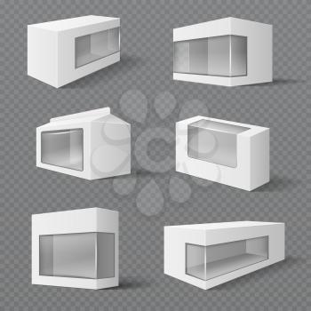 White product packaging boxes. Gift packages with transparent window. Vector mockups isolated. Illustration of package box container with transparent window