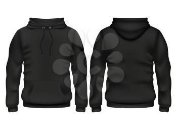 Front and back black hoodie vector template. Sweatshirt fashion with hoodie for sport and urban style illustration