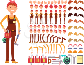Female technician cartoon vector character. Woman mechanic in jumpsuit creation constructor with body parts for different poses. Woman character mechanic construction illustration