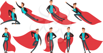 Cartoon businessman superhero in actions and different poses vector set. Superhero in red cape, strength and power man illustration
